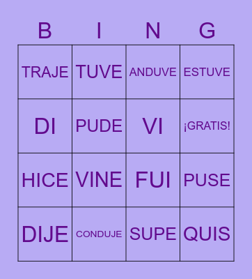 Irregular Preterite Bingo Card