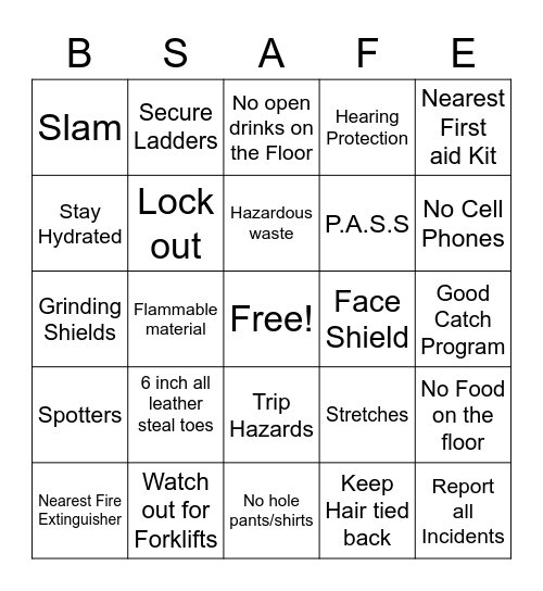 Safety Bingo Card