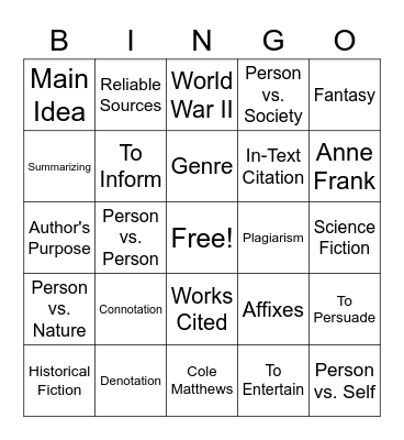 7th Vocab Review Bingo Card