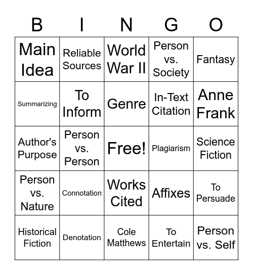 7th Vocab Review Bingo Card