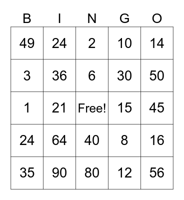 Multiplication Bingo! Bingo Card