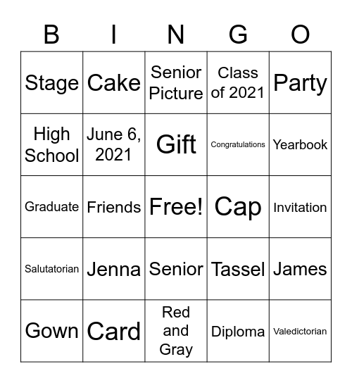 Graduation Bingo Card