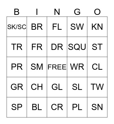 Consonant Clusters Bingo Card