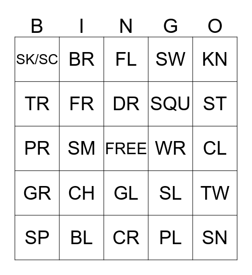 Consonant Clusters Bingo Card