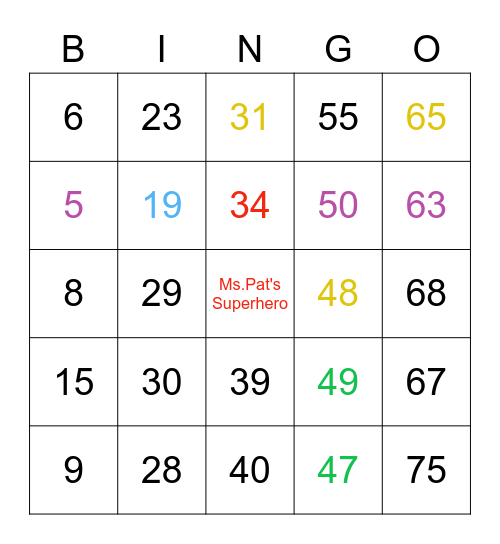 Bingo For Superheroes!! Bingo Card