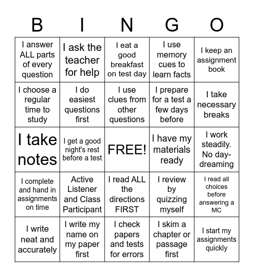 Test Taking Strategies Bingo Card