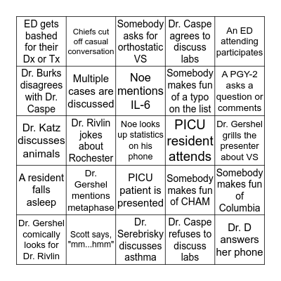 JMC Pediatrics Morning Report Bingo Card