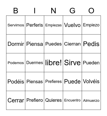 stem changing verbs Bingo Card