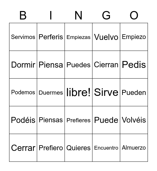 stem changing verbs Bingo Card