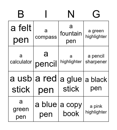 The Pencil Case Bingo Card