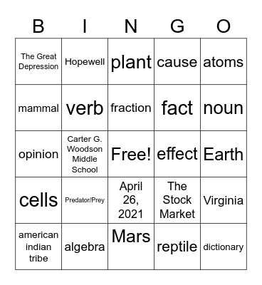 Curriculum Bingo Card