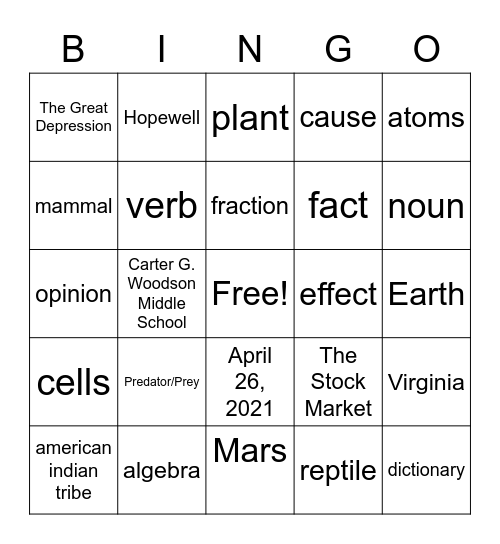 Curriculum Bingo Card