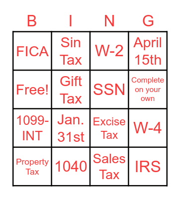 Taxes Bingo Card