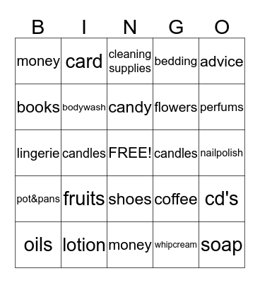 Guess Her Gifts!!! Bingo Card