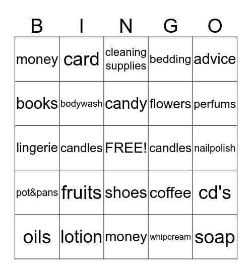 Guess Her Gifts!!! Bingo Card