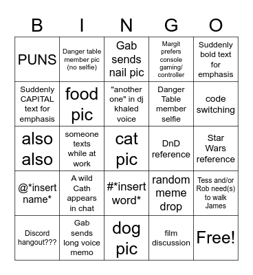 Danger Table bingo Card