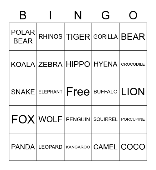 WILD ANIMALS Bingo Card