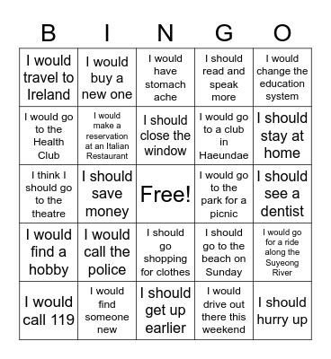 Giving Advice Bingo Card