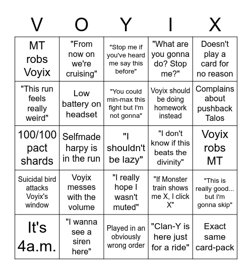 Voyix youtube video bingo Card