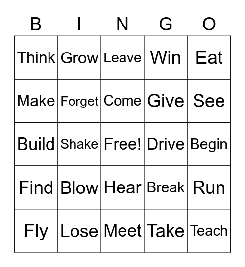 Irregular Past Tense Bingo Card