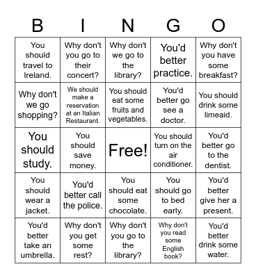Giving Advice Bingo Card
