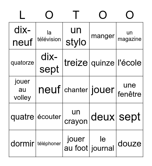 Le vocabulaire Bingo Card