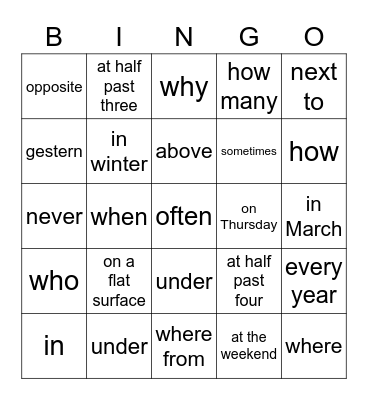 Thursday prepositions / time / questions Bingo Card
