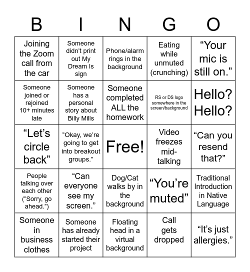 DSA Zoom Bingo! Bingo Card