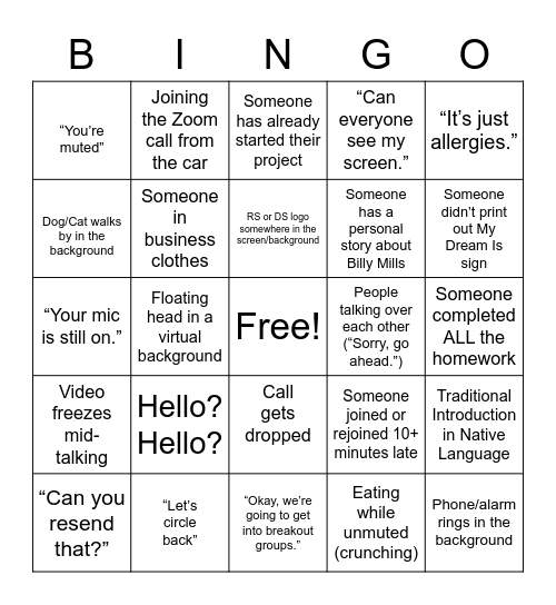 DSA Zoom Bingo! Bingo Card