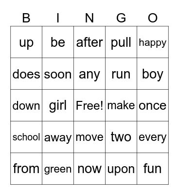 1st Grade Sight Word Bingo Card