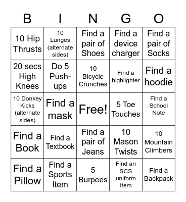 Fitness Scavenger Hunt Bingo Card