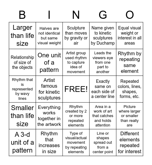 Principles of Art Bingo Card