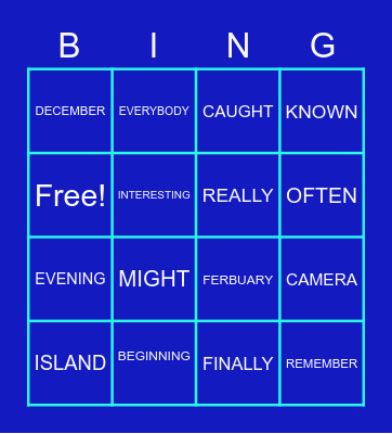 WORDS INCLUDING ALL LETTERS Bingo Card
