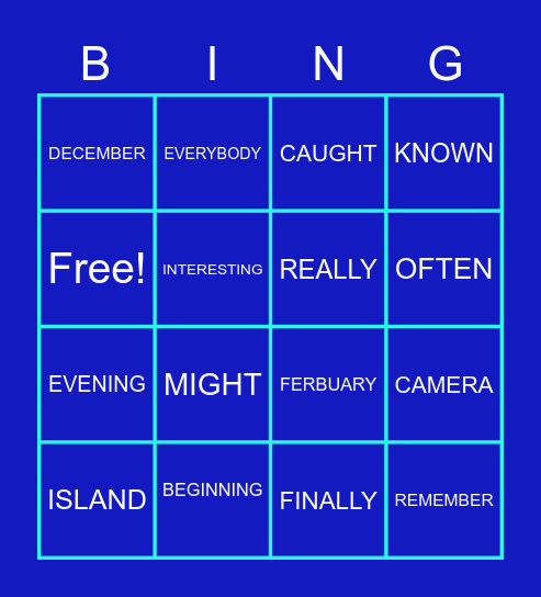 WORDS INCLUDING ALL LETTERS Bingo Card
