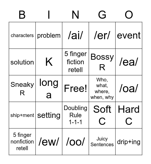 Phonics, Writing and Reading Bingo Card