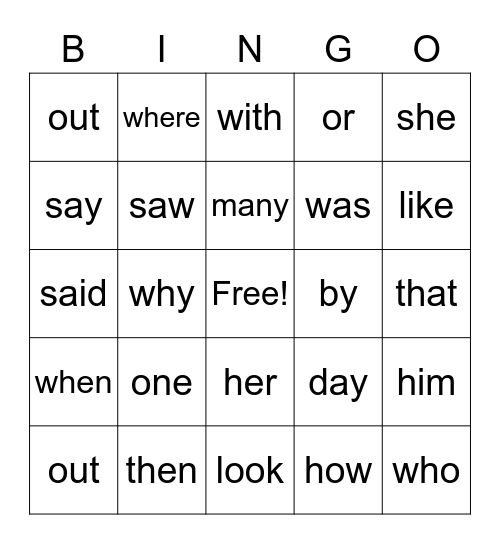 Sight Words Bingo Card