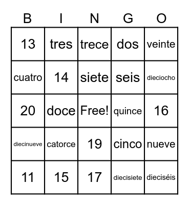 números 1 a 20 Bingo Card