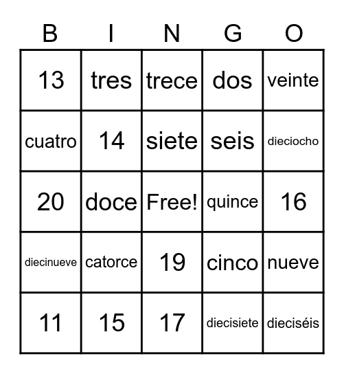 números 1 a 20 Bingo Card