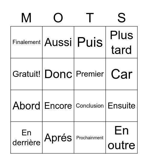 Mot de transition Bingo Card