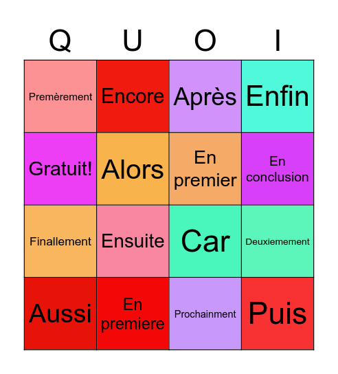 Mot des Transitions Bingo Card