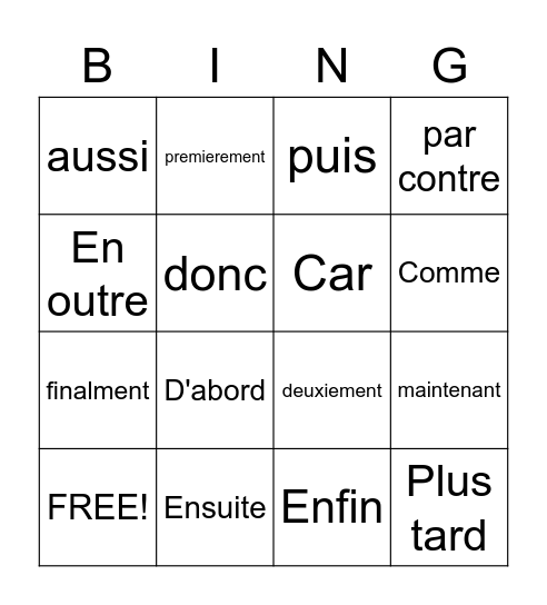 Mot de transition Bingo Card