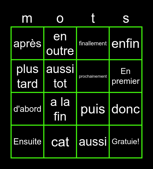 Les mots de transition Bingo Card