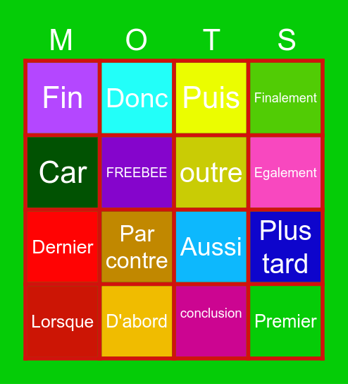 Mot de transitions Bingo Card