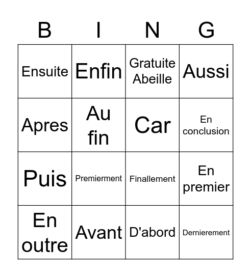 Mots Transition Bingo Card