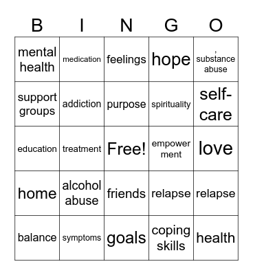 RECOVERY Bingo Card