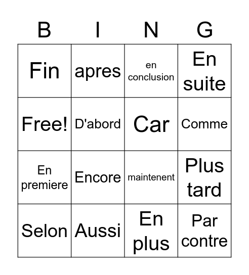 Mot de transision Bingo Card