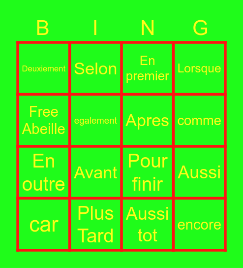 Tranistions de mots Bingo Card