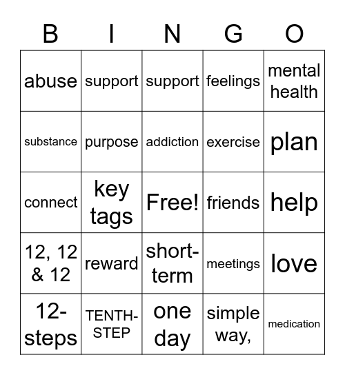 RECOVERY BINGO Card