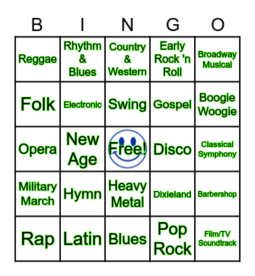Music Styles Bingo Card