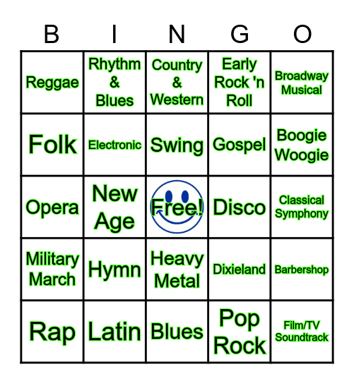 Music Styles Bingo Card